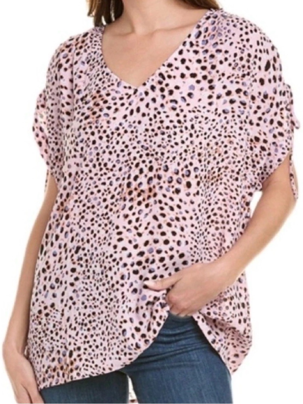 Cabi Seaside Top L Pink Leopard Animal Print Ruched Sleeve Quiet Luxury Chic J93
